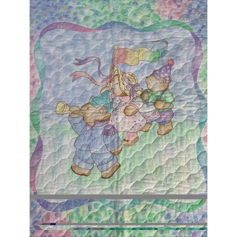 Vtg Handmade Reversible Baby‎ Quilt Blanket Marching Teddy Bear Parade Pastel